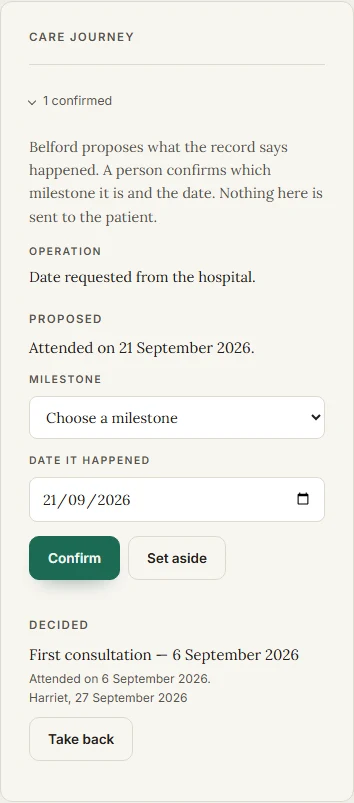 A care journey on a telephone: an attendance proposed from the record, waiting for a person to choose the milestone and confirm the date.