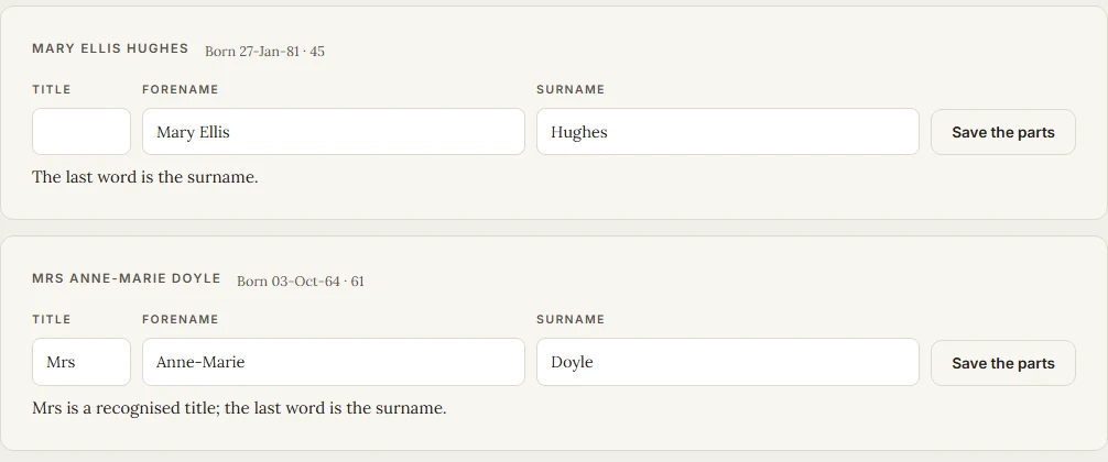 Three names that arrived as one line each, with the title, forename and surname proposed and a reason beneath each: Mrs is a recognised title; the particle travels with the surname.